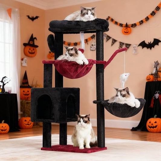 Heybly Cat Tree, 39.4 Inches Gothic Tower Condo with Scratching Post, Cat Tower for Indoor Cats, Fully Wrapped Sisal Pole, Soft Platform, 2 Baskets and Dangling Toy, Black and Red HCT006SBR
