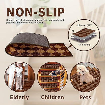 Non-Slip Carpet Stair Treads 7PCS, 8"x30" Peel and Stick Stair Runner for Wooden Steps Indoor, Washable Reusable Adhesive Backing, Pet-Friendly Safety Mats for Kids, Elders, Dogs