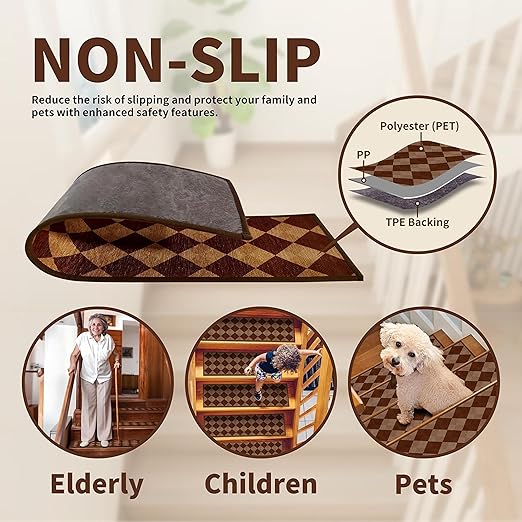 Non-Slip Carpet Stair Treads 4PCS, 8"x30" Peel and Stick Stair Runner for Wooden Steps Indoor, Washable Reusable Adhesive Backing, Pet-Friendly Safety Mats for Kids, Elders, Dogs