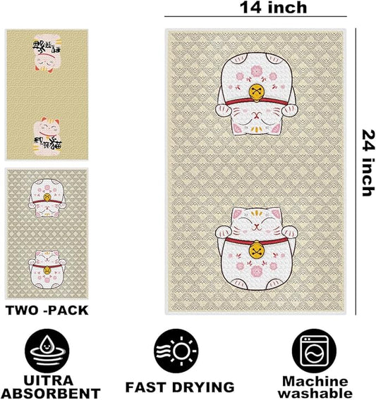 2 Pcs Japanese Lucky Cat Kitchen Towels 24x14 Inch, Maneki Neko Gifts Reusable Dish Towels for Kitchen Bathroom Decor, Waffle Weave Hand Cloth Tea Towel, Cute Cat Lover Gifts for Women Mom Friend