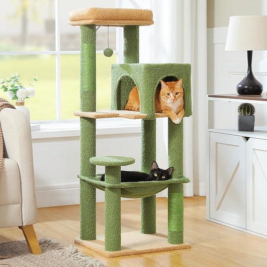 MUTTROS Cactus Cat Tree for Indoor Cats, 44.5" Multi-Level Cat Tower with Large Metal Frame Hammock, Cat Condo with 2 Scratching Posts and Top Perch for Small to Medium Cats, Green