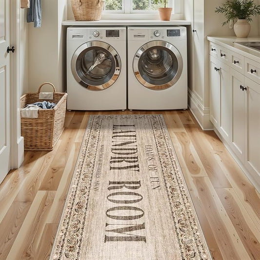 2x6 Runner Rug for Laundry Room - Machine Washable Non Slip Rugs for Mudroom Washroom Ultra Soft Stain Resistant Carpet Farmhouse Durable Home Decor Floor Mat for Bathroom 2x6 Natural Wood Brown