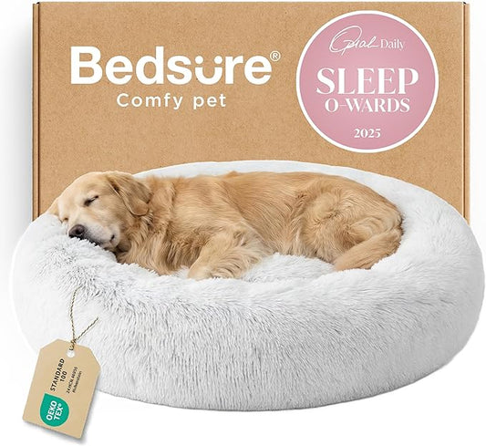 Bedsure Calming Dog Bed for Extra Large Dogs - Donut Washable Large Pet Bed, 45 inches Anti-Slip Round Fluffy Plush Faux Fur Dog Bed, Fits up to 120 lbs Pets, Frost Grey