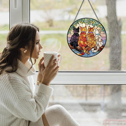 Cat Stained Glass Window Hanging Suncatchers, Cat Mom Lovers Owner Gifts Sun Catchers Indoor Window Glass Wall Art Decor, Cats Wall Hanging Decorations Sculptures, 7.9x7.9in