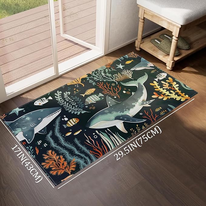 Shark Indoor Door Mat,Black Ocean Fish Floor Doormat,17x29.5in,Non Woven Non Slip Rubber Backing Animal Cartoon Rug for Porch Insider,Bedroom,Kitchen,Doormats Gifts,Rv Camper Decor