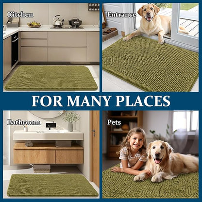 OLANLY Dog Door Mat for Muddy Paws 70x35, Absorbs Moisture and Dirt, Absorbent Non-Slip Washable Doormat, Quick Dry Chenille Mud Mat, Entry Indoor Entryway Carpet for Inside Floor, Willow Green