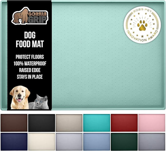 GORILLA GRIP 100% Waterproof Raised Edge BPA Free Silicone Pet Feeding Mat, Dog Cat Food Mats Contain Spills Protects Floors, Placemats for Cats and Dogs Water Bowl, Pets Accessories 16x10, Mint