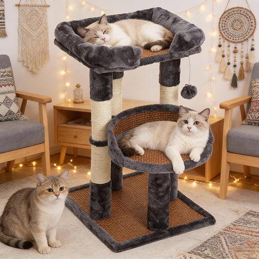 Multi-Level Cat Tree for Indoor Adult Cats, Modern Cat Tower with Double Beds & Scratching Posts, Cute Cat Tree Tower for Large Cats and Kitten, Small Cat Tree Tower with Hanging Toys, Grey