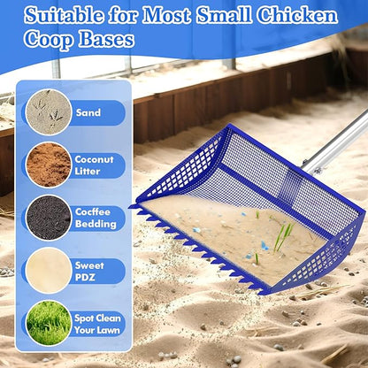 Chicken Poop Scooper & Rake 2-in-1,304 Stainless Steel Shovel Head, Chicken Litter Scoop with Handle for Chicken Coop & Pet Waste Cleaning, Litter Sifting Shovel (35 to 65") (Blue, 12inch)