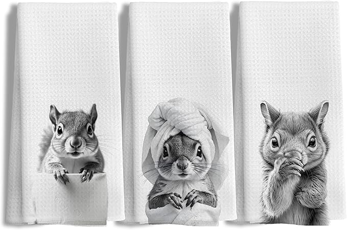 Funny Squirrel Hand Towels for Bathroom Kitchen Decor Set of 3, Squirrel Lover Lover Gifts, Funny Kids Bathroom Hand Towels,16x24 Inches
