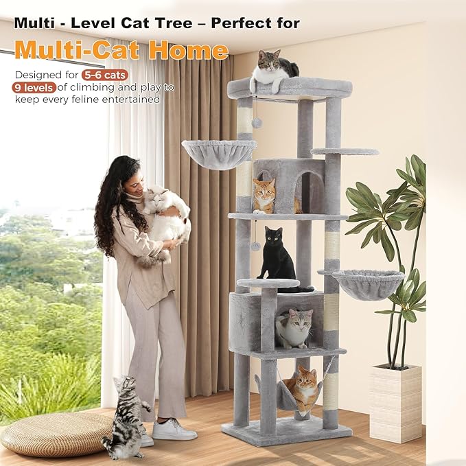 MUTTROS 71.2" Tall Cat Tree for Indoor Cats - 9-Level Multi-Cat Tower w/5 Sisal Scratching Posts, 2 Condos, 3 Hammocks, Perch & Pom Poms - Heavy-Duty for Adult Cats, Space-Saving Plush Gray