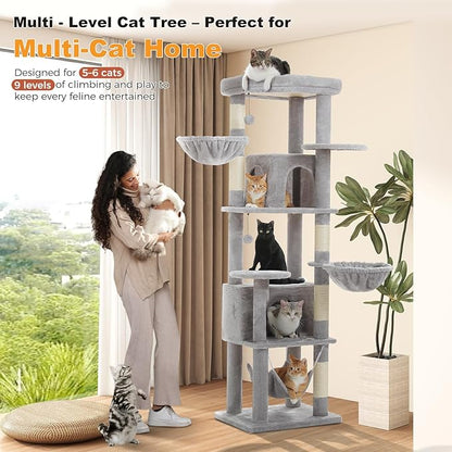 MUTTROS 71.2" Tall Cat Tree for Indoor Cats - 9-Level Multi-Cat Tower w/5 Sisal Scratching Posts, 2 Condos, 3 Hammocks, Perch & Pom Poms - Heavy-Duty for Adult Cats, Space-Saving Plush Gray