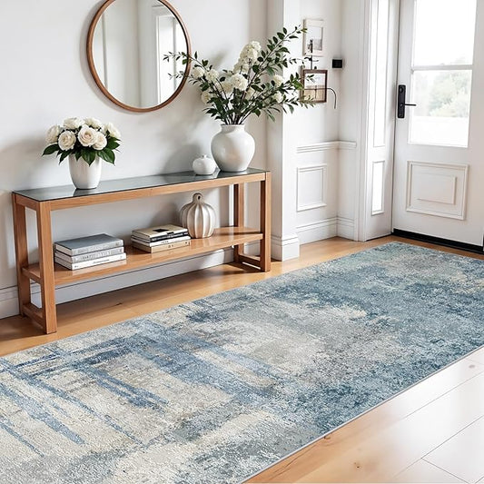 Washable Wide Runner Rug 4x10 : Modern Abstract Hallway Rugs - Non-Slip Thin Rug for Kitchen, Living Room, Bedroom - Easy Clean Carpet for Long Spaces - Soft Low Pile Floor Mat 4x10 Blue