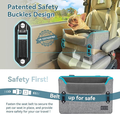 PETSFIT Dog Car Seats for Small Dogs – Patented Safety Buckles – Safety Tether – Foldable Travel Dog Booster Car Seat Reduces Anxiety & Road Trips – Stable Frame, Soft Cushion, Fits Front/Back Seat