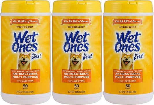 Wet Ones for Pets Antibacterial Dog Wipes, Multi-Purpose Grooming Wipes with Aloe Vera for Paws, Face & Body, Easy Cleanups Between Baths, Tropical Splash Scent, 5.7 in x 7.5 in, 50 Count - 3 Pack