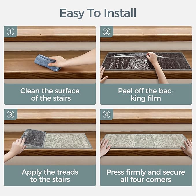 Non Slip Stair Treads for Wooden Steps 15PCS - 8"x30" Indoor Safety Carpet, Edging Mats with TPE Adhesive Backing, Pet and Elderly Friendly Stair Rugs (Sage&Green)