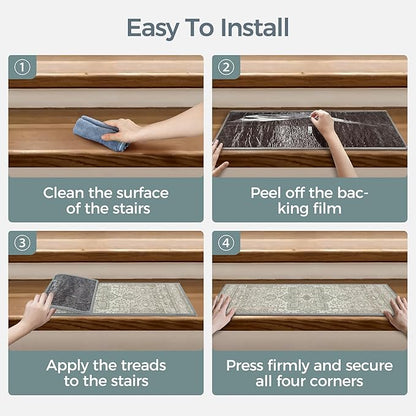Non Slip Stair Treads for Wooden Steps 15PCS - 8"x30" Indoor Safety Carpet, Edging Mats with TPE Adhesive Backing, Pet and Elderly Friendly Stair Rugs (Sage&Green)