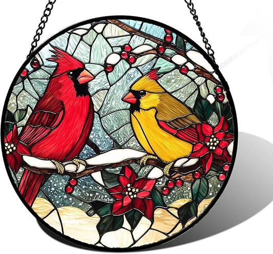 Stained Glass Window Hanging, Love Birds Cardinals Sun Catchers Colorful Glass Panel Birds Suncatcher Decor for Birthday for Women, Men, Wife, Lovers, and Mom 11.8x11.8 in