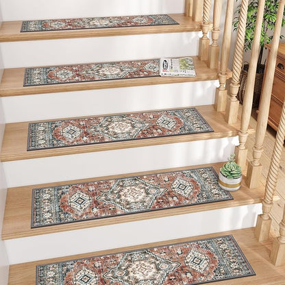 OJIA Stair Treads Non Slip for Wooden Steps Indoor 15PCS Carpet Stair Treads, Rubber Backing Stair Carpet Treads, 8"x30" Staircase Step Treads Edging Stair Rugs for Kids & Pets, Rust Red