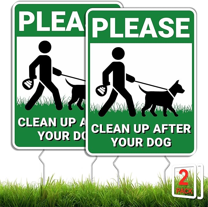Clean Up After Your Dog Signs, 2 Pack Pick Up Dog Poop Yard Signs with Metal Stakes, Double Sided No Pooping Signs for Yard, UV Protected & Waterproof