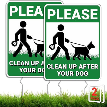 Clean Up After Your Dog Signs, 2 Pack Pick Up Dog Poop Yard Signs with Metal Stakes, Double Sided No Pooping Signs for Yard, UV Protected & Waterproof