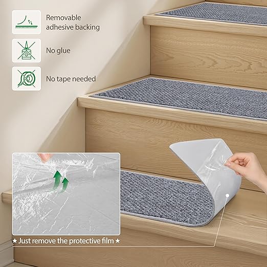 Non-Slip Stair Treads Runners - 30''x30'' Stair Runner for Wooden Steps Washable Self Adhesive Stair Landing Rug Stain Resistant Carpet Edging Staircase Mats for Kids and Dogs Grey