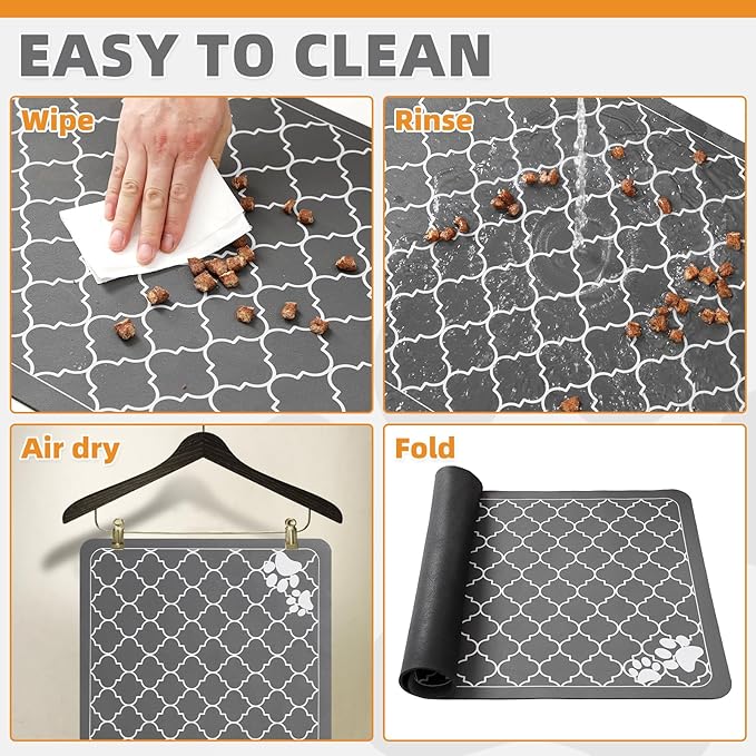 KOOLTAIL Dog Food Mat, Absorbent Pet Feeding Mat for Food and Water Bowls, Placement Pad for Floors with Waterproof Rubber Backing, Quick Dry Water Dispenser Mat for Dogs Puppy Cats, Grey, 16"x24"