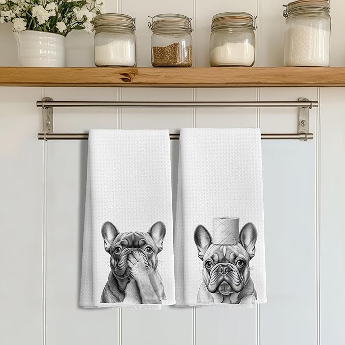 French Bulldog Gifts Kitchen Towels Set of 2，French Bulldog Gifts for Women Men Decor Accessories Hand Towels for Bathroom，Funny Dog Bathroom Hand Towels，16x24 Inch