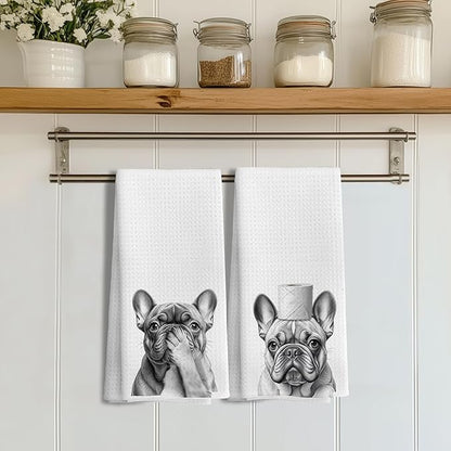 French Bulldog Gifts Kitchen Towels Set of 2，French Bulldog Gifts for Women Men Decor Accessories Hand Towels for Bathroom，Funny Dog Bathroom Hand Towels，16x24 Inch