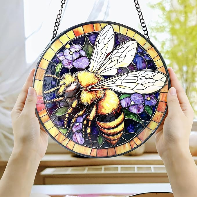 Handcrafted Bee Stained Glass Suncatcher - 7.8 Inch Window Hanging for Home, Kitchen, Porch, Terrace, Garden & Farmhouse - Perfect Mother's Day, Easter & Birthday Gift for Mom & Teachers