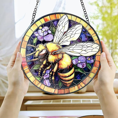 Handcrafted Bee Stained Glass Suncatcher - 7.8 Inch Window Hanging for Home, Kitchen, Porch, Terrace, Garden & Farmhouse - Perfect Mother's Day, Easter & Birthday Gift for Mom & Teachers