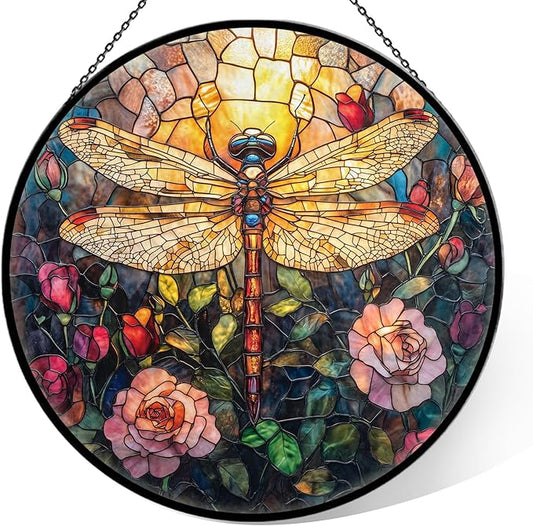 Dragonfly Stained Glass Window Hanging, 7.9" Dragonflies Plant Decor Suncatcher, Dragonfly Gifts for Women, Dragonflies Decor Handmade Suncatcher for Garden Home, Christmas Birthday Housewarming Gifts