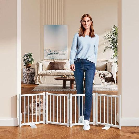 Snughome 2 Pack Short Dog Gate Indoor, 16" High Freestanding Small Dog Gates with Support Feet, Expand Up to 48’’ Wide Foldable Pet Gate for Doorway, 8 Panel Pet Door Pet Fence for Puppy, White