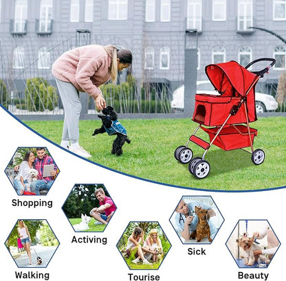 Best 4 Wheels Pet Stroller for Dog Cat, Lightweight and Foldable Pet Jogger Stroller, Carrier Strolling Cart W/Cup Holders Removable Liner for Small and Medium Dog Cat or Pet - Red