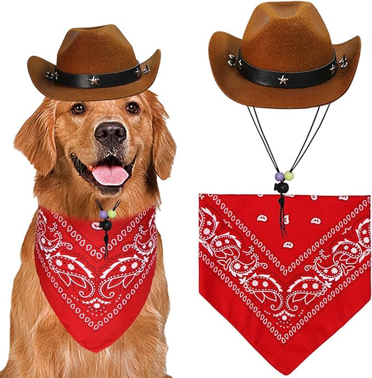 GOYOSWA Dog Halloween Costumes, Dog Cowboy Costume Halloween Pet Cowboy Hat Bandana Scarf for Small Medium Large Dogs Pets (Brown Hat & Red Bandana, Large)