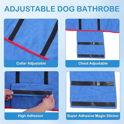 Dog Bathrobe Towel Drying Coat, Super Absorbent Microfiber Pet Quick Drying Bath Robes, Warm Soft Pet Coat for After Bath Shower Swim Wet Walk, Adjustable Cloth for Small Middle Large Dogs (Blue, L)