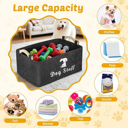 Dog Toy Basket, Felt Dog Toy Bin Box with Handle, Foldable Pet Toy Storage Container for Cat Puppy Toy (25×38×18 cm)