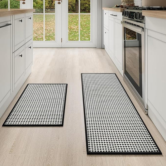 Kitchen Mat Kitchen Rugs Sets of 2 PCS Non Slip Washable, Super Absorbent Soft Braided Kitchen Mats for Floor, Rubber Backing Comfort Standing Kitchen Sink Mat Runner Rug, Black 17"x28"+17"x47"