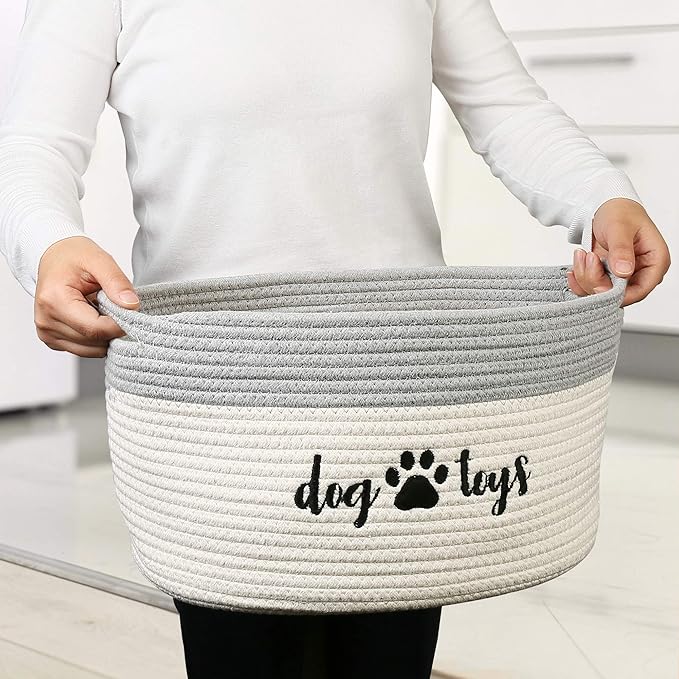 PrimePets Cotton Rope Dog Toy Basket, Small Basket with Handles, Woven Storage Bin for Dogs Pets, 15x10x9 inch Pet Basket Container Holder for Toys, White and Grey