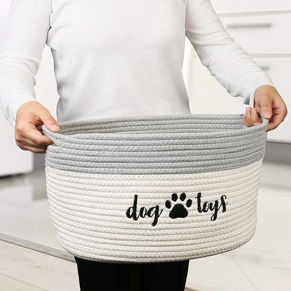 PrimePets Cotton Rope Dog Toy Basket, Small Basket with Handles, Woven Storage Bin for Dogs Pets, 15x10x9 inch Pet Basket Container Holder for Toys, White and Grey