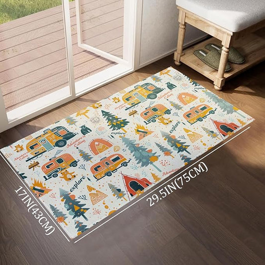 Adventure Camping Indoor Door Mat,Outdoor Camper Picnic Pattern Floor Doormat,17x29.5in,Non Woven Non Slip Rubber Backing Rug for Porch Insider,Bedroom,Kitchen,Doormats Gifts,Rv Camper Decor