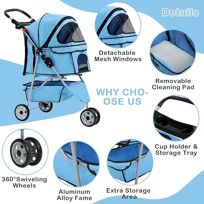 3 Wheels Dog Stroller, Foldable Pet Stroller for Small Medium Dogs, Portable Breathable Cat Stroller Dog Strollers with Storage Basket, Cup Holders, Removable Liner for Travel & Outdoor Use, Blue