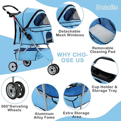 3 Wheels Dog Stroller, Foldable Pet Stroller for Small Medium Dogs, Portable Breathable Cat Stroller Dog Strollers with Storage Basket, Cup Holders, Removable Liner for Travel & Outdoor Use, Blue