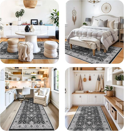 4x10 Washable Hallway Runner Rug: Oriental 10ft Extra Wide Ultra Soft Runners for Living Room Bedroom Stain Resistant Low Pile Carpet for Entryway Ktichen Thin Non Slip Bathroom Floor Mat(Black,4x10)