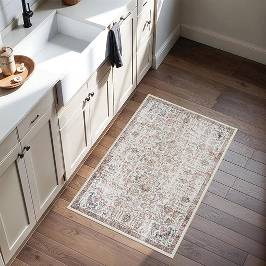 Washable Living Room Area Rug - 2x3 Small Bedroom Rugs Vintage Rustic Style Carpets with Non Slip Backing Distressed Floor Mat for Dining Room Kitchen Bathroom (2' x 3', Dusty Rose)