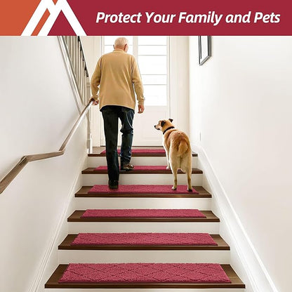 COSY HOMEER Edging Stair Treads Non-Slip Carpet Mat 28inX9in Indoor Stair Runners for Wooden Steps, Edging Stair Rugs for Kids and Dogs, 100% Polyester TPE Backing (15pc, Red)