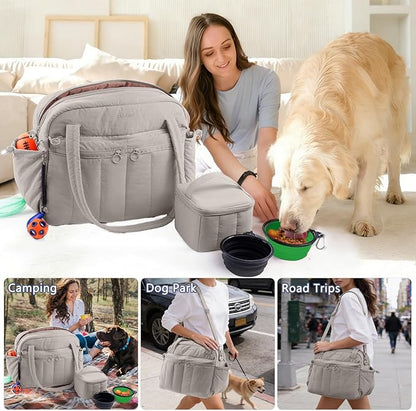 Dog Travel Bag for Supplies, Airline Approved Pet Travel Organizer with 2 Food Containers & Collapsible Bowls, Large Capacity Dogs Tote Bag for Weekend, Stylish Dog Mom Gift for Pet Lovers