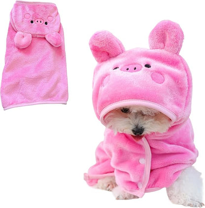 Dog Bathrobe with Hood Super Absorbent Soft Quick Drying Towel Wrap Adjustable Puppy Cat Bath Robe Towel for Cold Weather Beach Pool (Pink Pig, Large)
