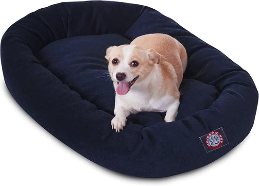 Majestic Pet 32 Inch Micro Velvet Calming Dog Bed Washable – Cozy Soft Round Dog Bed with Spine for Head Support - Fluffy Donut Puppy Mat 32x23x7 (inch) Medium – Navy
