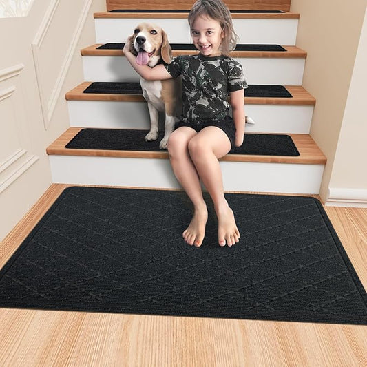 Stair Treads Non Slip Landing Rug for Wooden Steps Indoor, Peel and Stick Stair Treads Matching-Mat 20"X32" Landing Slip Resistant Stair Rugs for Kids and Dogs, Black